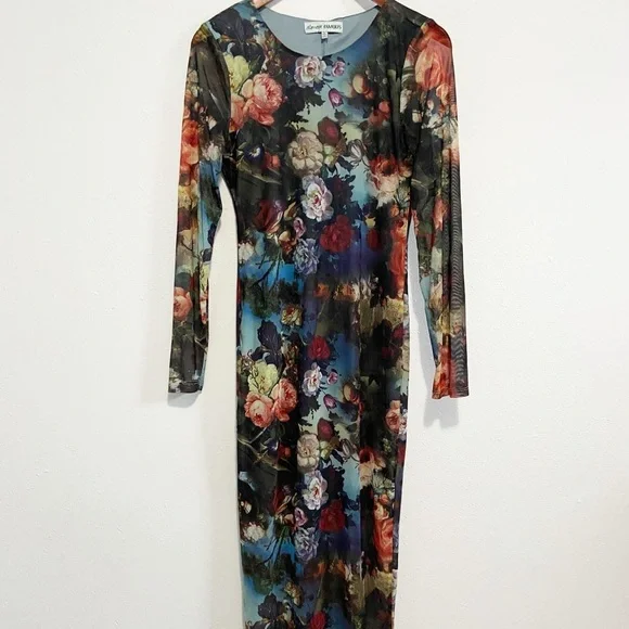 Almost Famous Multicolor Floral Long Sleeve Mesh Bodycon Midi Dress - Picture 2 of 7